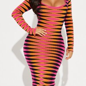 Fashion Nova Vibrant Pink and Orange Long Sleeve Dress